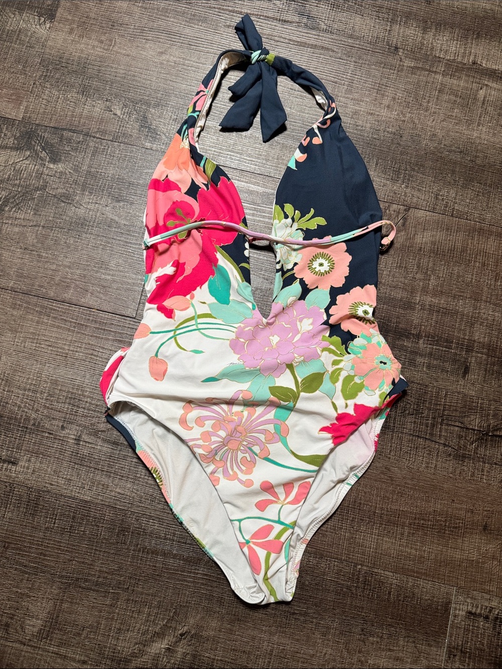 Trina Turk Navy White Pink Coral Floral Halter One-Piece Swimsuit